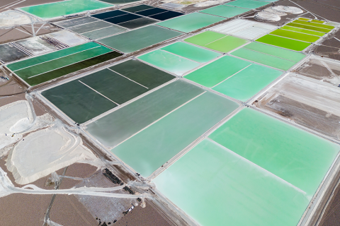 Fields of evaporation ponds used to extract lithium in the Atacama desert in Chile, South America.  Credit: freedom_wanted/Adobe Stock. All Rights Reserved.