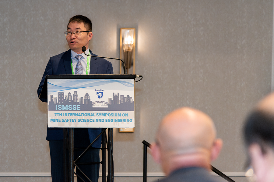 Shimin Liu, Deike Chair Professor in Mining Engineering at Penn State, speaking at the 7th International Symposium on Mine Safety Science and Engineering. Credit: Courtney Robinson / Penn State. Creative Commons