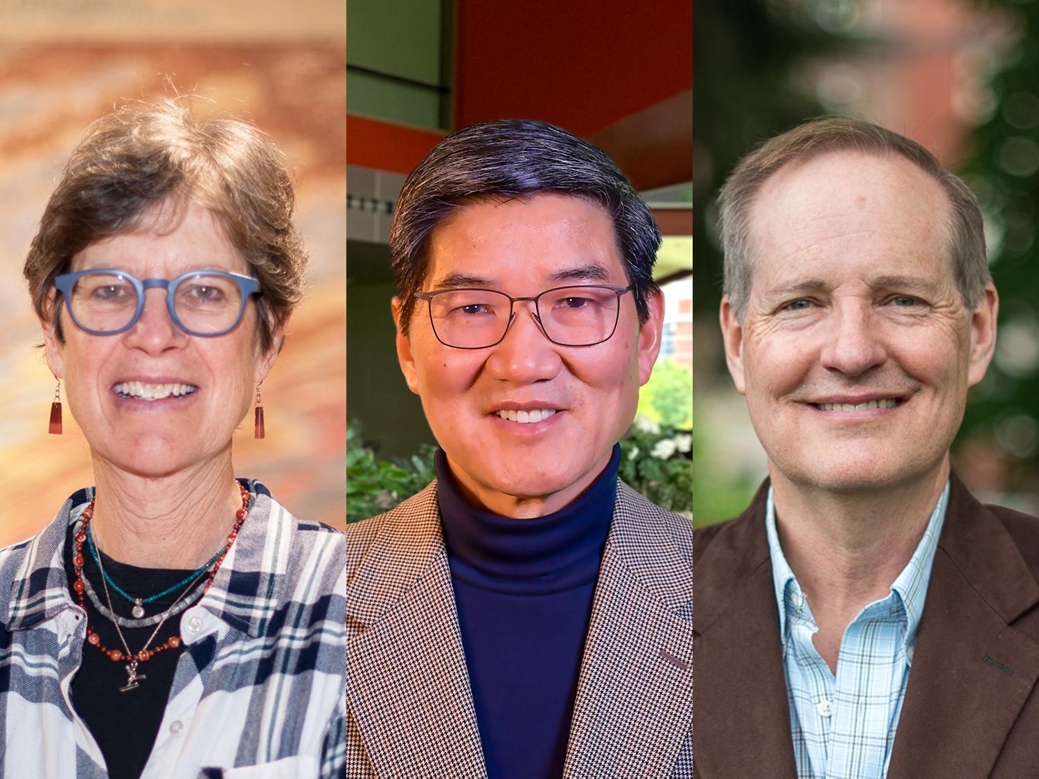 Three faculty from Penn State’s College of Earth and Mineral Sciences have been elected to the National Academy of Engineering. Members of the class of 2025 include, from left, Susan Brantley, Atherton Professor and Evan Pugh University Professor Emerita of Geosciences; Long-Qing Chen, Donald W. Hamer Professor of Materials Science and Engineering; and Russell Johns, George E. Trimble Chair of Energy and Mineral Sciences and professor of petroleum and natural gas engineering. Credit: Penn State. Creative C.